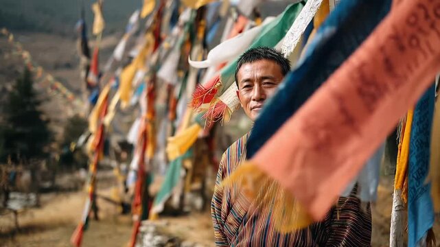 Man stands by colorful prayer flags in Bhutan on a sunny day while the wind gently rustles the fabric and surrounding nature shows vibrant colors