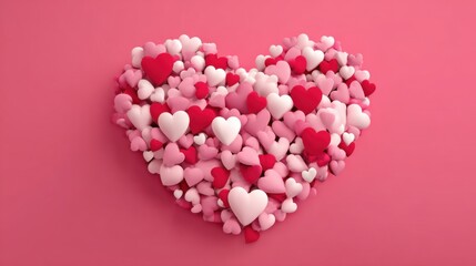 Fototapeta premium Heart-shaped cluster of pink and red hearts on pink background.