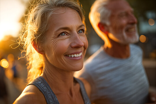 Smiling older woman in gray tank top and bearded man jogging together through a sunlit neighborhood at golden hour, warm backlight and bokeh