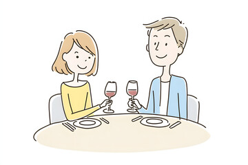 An illustration of a man and woman sitting across from each other at a cafe. Scenes of dates, matchmaking, or special occasions.