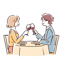 An illustration of a man and woman sitting across from each other at a cafe. Scenes of dates, matchmaking, or special occasions.