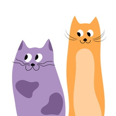 Obraz premium Two playful cartoon cats positioned next to each other on white background, colorful flat animal characters with friendly expressions.