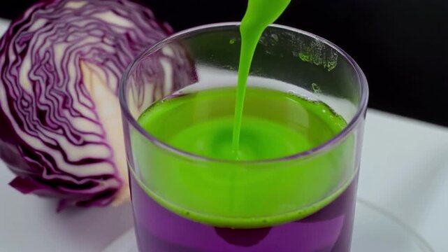 Red Cabbage pH Indicator - Purple Solution Turning Bright Green in Alkaline Base