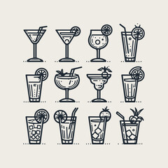 icon set Simple outline cocktails vector
