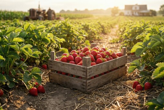 Wooden crate filled with ripe red strawberries placed in a lush green strawberry field under warm sunlight with a farmhouse visible in the background