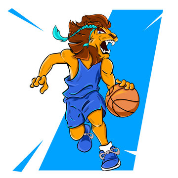 Vector Aggressive Lion as Basketball sports player Illustration with blue and white background, Game-changing Impact high Scorrer can be used in banners, Posters, Motion Graphics