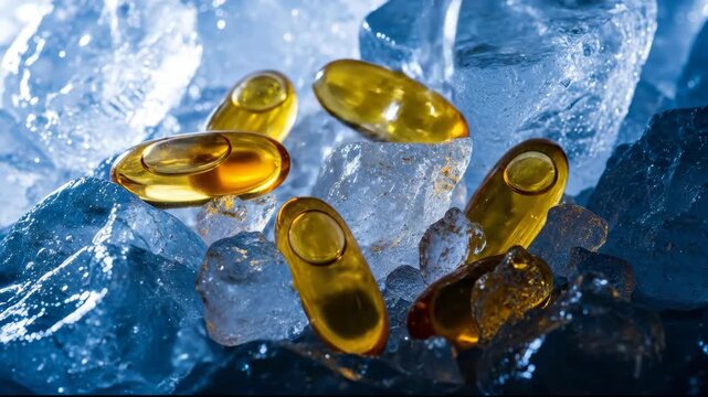 Yellow omega 3 or vitamin E capsules on ice. Dietary supplement for health and wellness. Nutritional support.