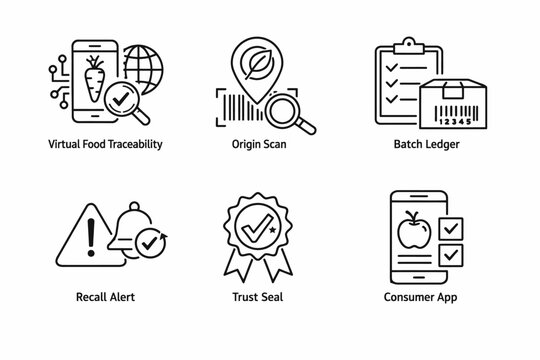 Virtual food traceability icons: origin scan, batch ledger, recall alert, trust seal, consumer app