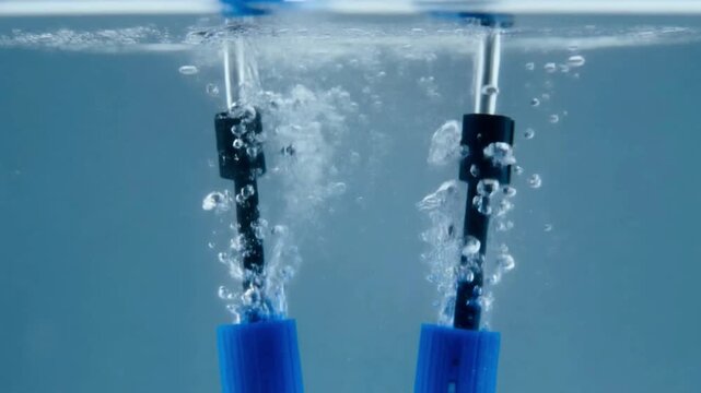 Electrolysis of Water - Macro View of Hydrogen and Oxygen Gas Bubbles at Electrodes