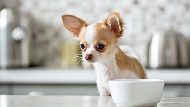 A pet, a Chihuahua dog in a modern interior, sits near a bowl and waits for food.