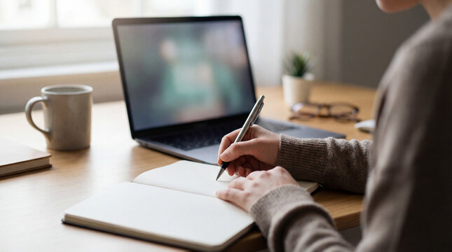 Hands write notes beside laptop. Notes support remote work study, notes for back to school, for new year planning, coffee mug on desk, cozy home office concept, copy space, soft daylight