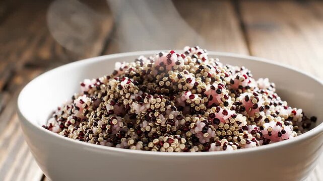 Steaming bowl of tri-color quinoa on a rustic wooden table, healthy food concept
