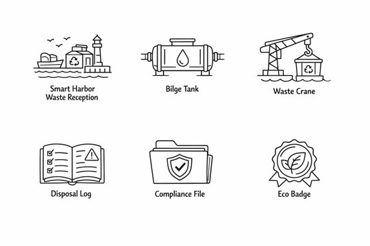 Smart harbor and waste management icons: bilge tank, crane, log, badge
