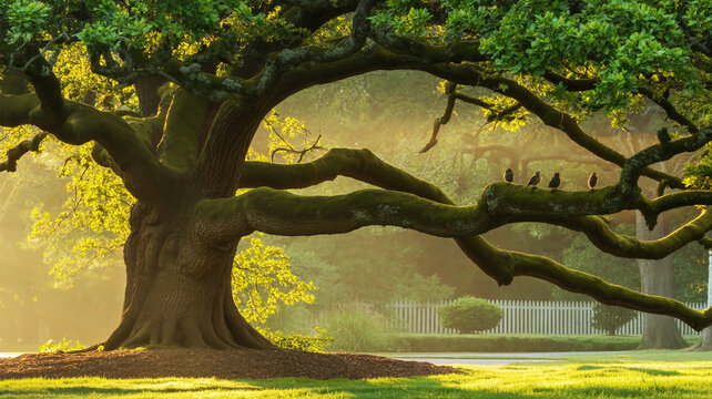 A serene photograph of a majestic, ancient oak tree, bathed in golden morning light, with birds perched peacefully on its sprawling branches