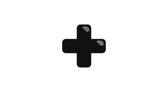 A black plus symbol with rounded edges, featuring gradient highlights, centered on a white background