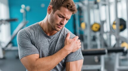 Fototapeta premium Young caucasian male experiencing shoulder pain in gym setting.