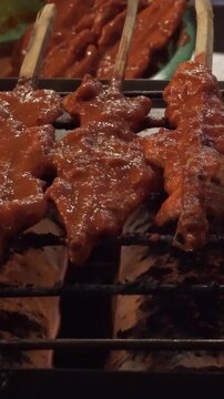 Barbecue Street Food in Thailandia, close up of pork meal on grid, and flame on background