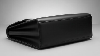 Bottom view of a sleek black leather briefcase on a light grey surface.