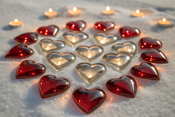 Red and transparent candles and hearts for Valentine's Day