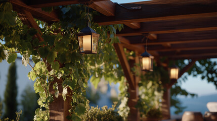Obraz premium A rustic patio frame is adorned with climbing vines and lanterns, creating an inviting space for evening get-togethers where friends can share stories over sunset views and delicious food.