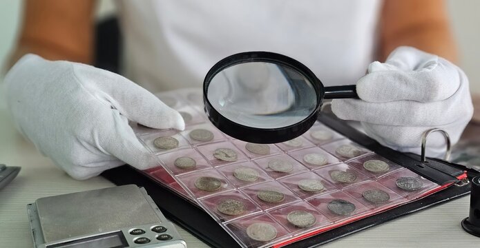 Expert carefully examining collection of coins with magnifying glass in a well-organized display folder concept