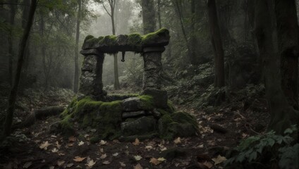 Mystical Moss-Covered Well in a Dark Forest - Ancient Stone Structure.