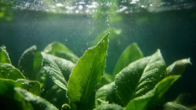 Underwater Photosynthesis in Real-Time - Aquatic Plant Leaves Releasing Oxygen Bubbles