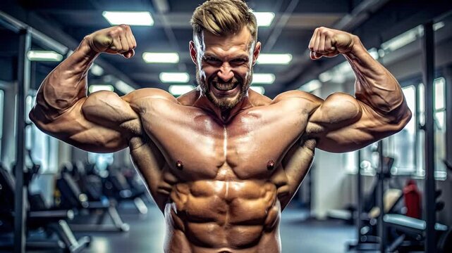 Muscular Bodybuilder Flexing in Gym, Strength and Fitness Motivation