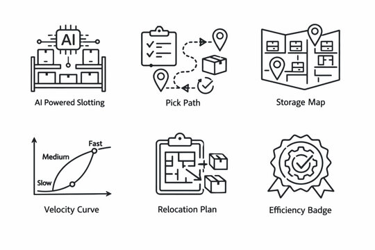 Ai-driven warehouse optimization icons: slotting, path, storage, velocity, relocation, efficiency