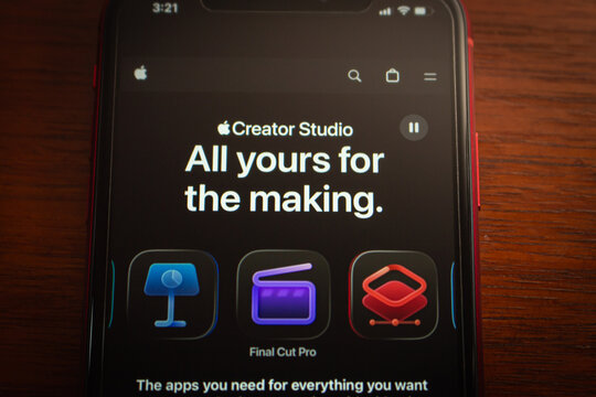 Quito, ECUADOR - Jan 20 2026 : Smartphone screen showing Apple Creator Studio website with Keynote, Final Cut Pro, and Motion app icons promoting creative tools.