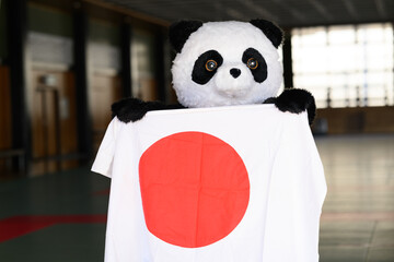 日の丸の国旗を広げて持つパンダの着ぐるみ　日本代表の応援とスポーツイベントのイメージ