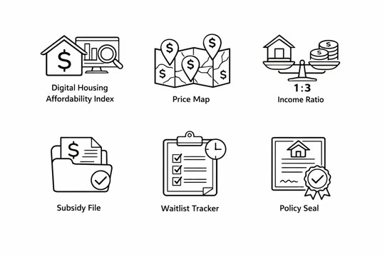 Digital housing affordability index and financial tools icons