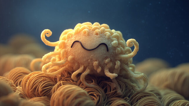 Cute flying spaghetti monster cartoon character illustration with pasta noodles background