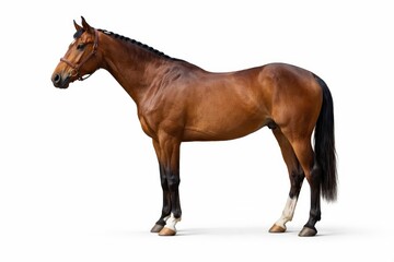 Obraz premium Brown horse standing side profile wearing plain leather halter braided mane groomed coat texture sharp focus high key studio isolated on white