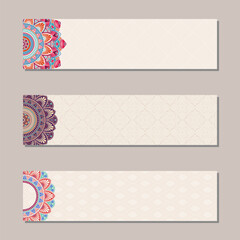 Vector banners set with traditional indian ornaments, lace orient mandala. Decorative elements. Ethnic mandala ornament. Islam, Arabic, Indian, ottoman motifs. Color illustration.