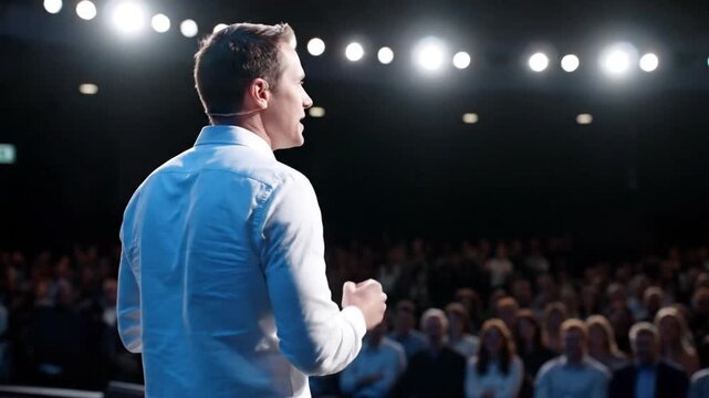 Motivational Male Public Speaker Giving Presentation to Large Audience on Stage at Corporate Conference Event with Bright Spotlight Lighting Effects