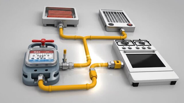 Gas meter connected to home appliances with yellow pipes