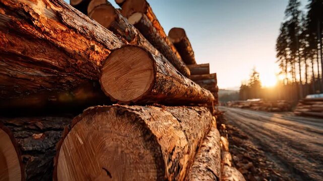 Stacked Timber Logs in Forest at Sunrise, Freshly Cut Tree Trunks, Forestry and Logging Industry Concept