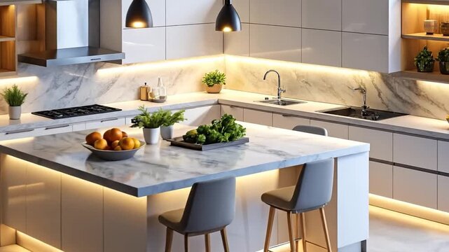 Modern kitchen design with island, marble countertops, and stylish lighting, perfect for culinary inspiration.