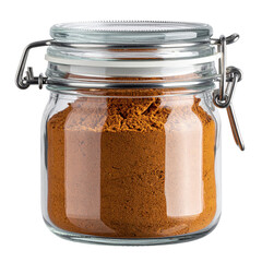 Glass Jar Filled with Brown Spice, Secured with Metal Clasp, Isolated
