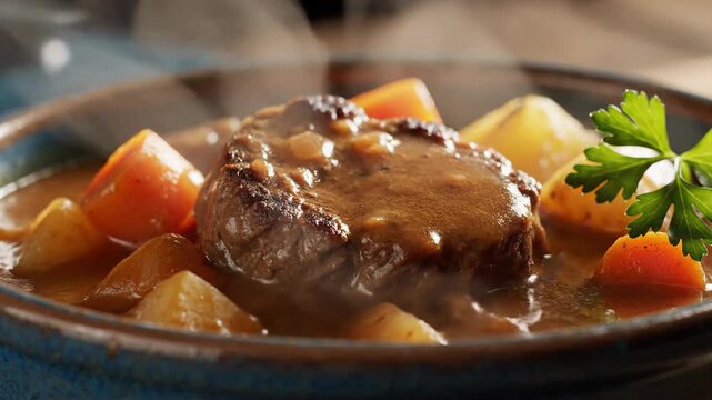 Steaming Hot Pot Roast with Carrots and Potatoes in Rich Gravy