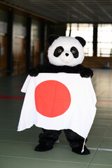 日の丸の国旗を広げて持つパンダの着ぐるみ　日本代表の応援とスポーツイベントのイメージ