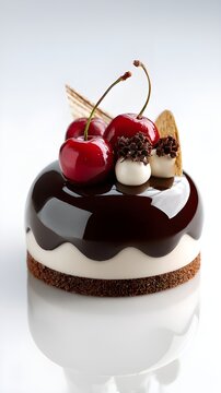 Glossy Black Forest Entremets Dessert Presented On Seamless White Background Haute Pastry Elegance