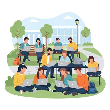 Students Working on Laptops in Park.