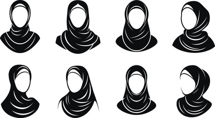 Hijab woman vector icon set. Muslim female silhouette avatar and Islamic headscarf logo collection