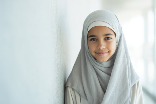 Islamic student wearing light grey hijab, leaning on textured white wall with slight head tilt and warm smile in soft natural corridor light