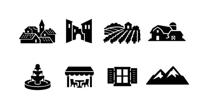 European village scenery. Filled icon set of European village scenery: tiled rooftops, narrow alley, vineyard terrace,