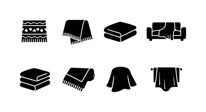 Decorative blankets. Filled icon set of Decorative blankets: patterned throw, fringe blanket edge, folded decor blanket,