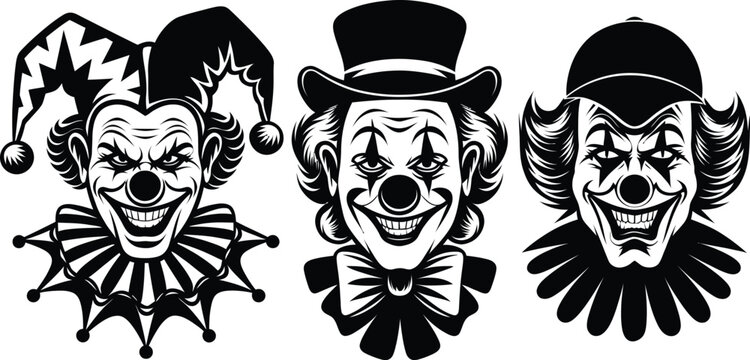 Scary Clown and Jester Face Silhouettes Vector Set