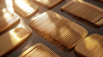 A collection of natural bamboo hair combs with smooth polished teeth